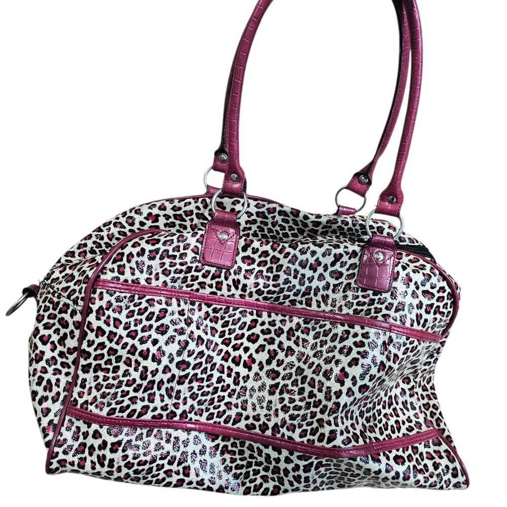 Guess Leopard Print Duffel Bag Burgundy Faux Croc Trim Bow Y2K Handbag Rare HTF - Picture 3 of 10